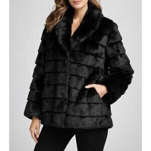Karl Lagerfeld Paris Faux Fur Jacket L Black Plush Coat Luxe Winter